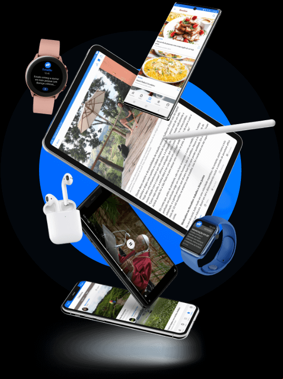Apresentação das funcionalidades do app do Estadão em smartphone, tablet e smartwatch